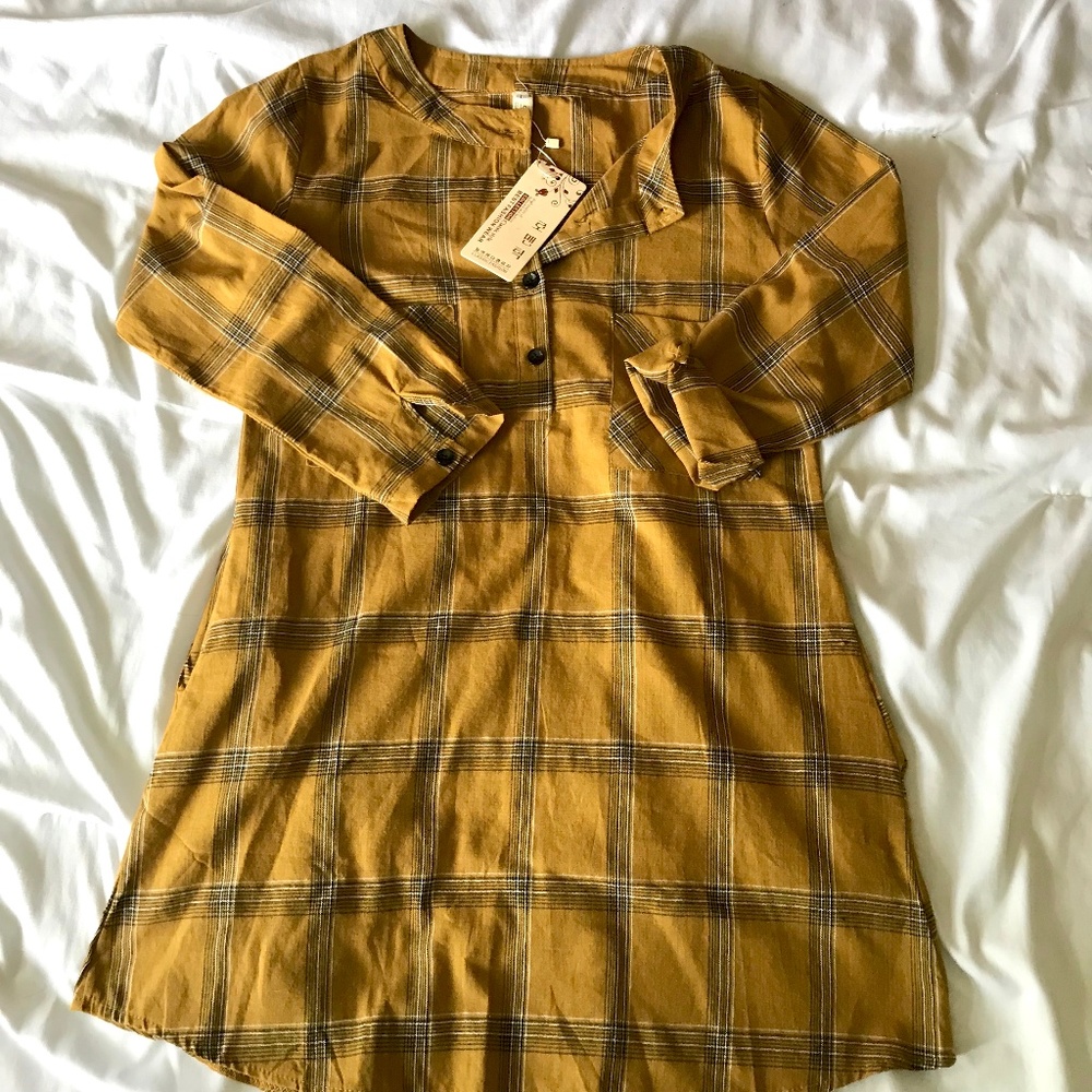 Mustard Plaid Flannel Tunic Dress w/ Pockets